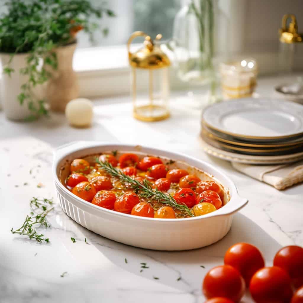 Roasted Tomatoes: Cherry tomatoes glistening with olive oil and herbs, fresh out of the oven.