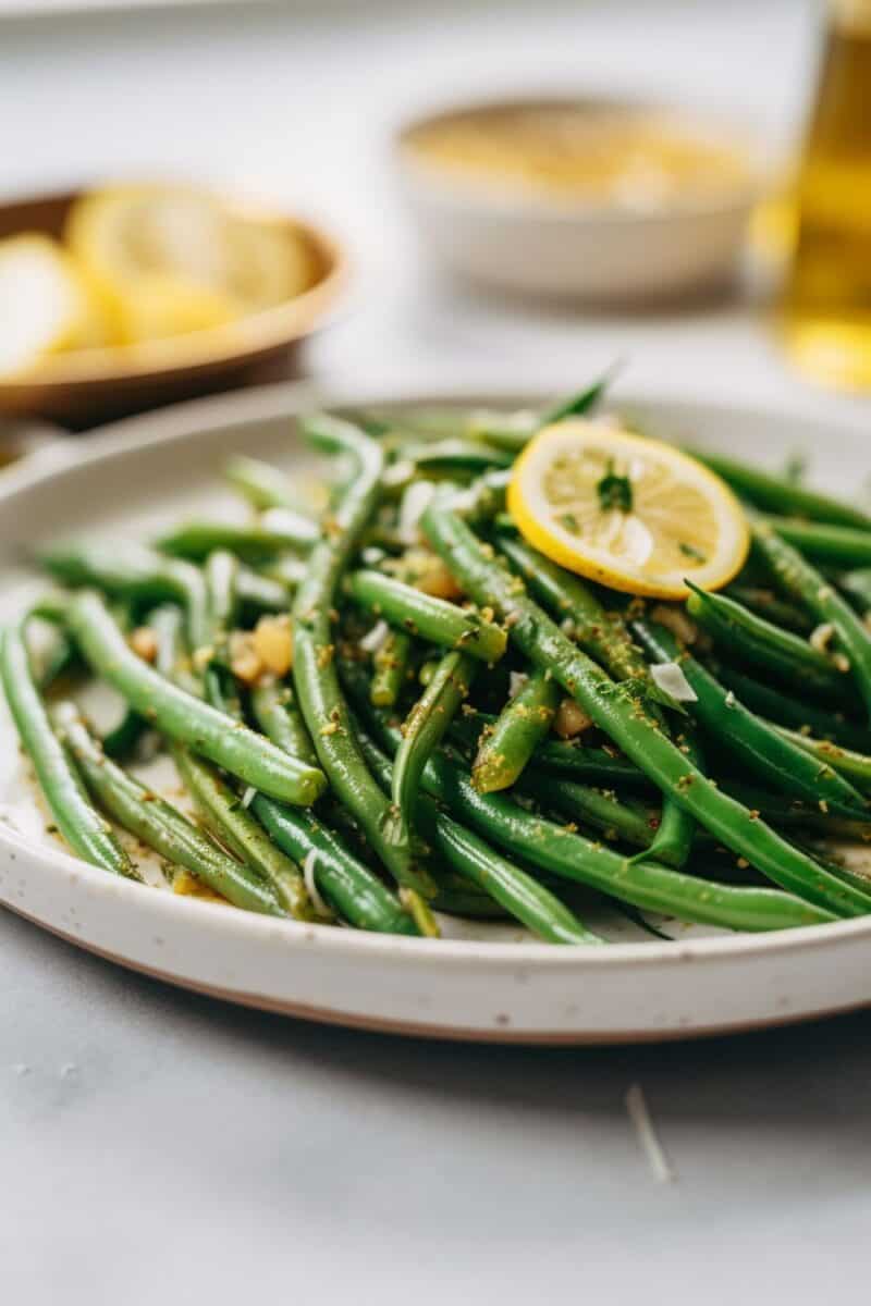 Close-up of freshly prepared Sautéed Green Beans with Garlic, garnished with golden pine nuts and served in a white dish.