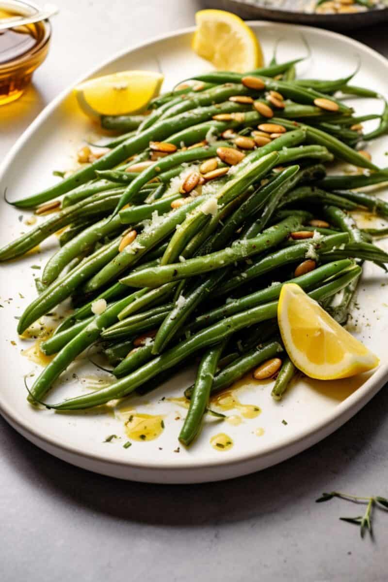 Bright green, tender green beans stir-fried with golden garlic bits, ready to be served as a nutritious and flavorful side dish.