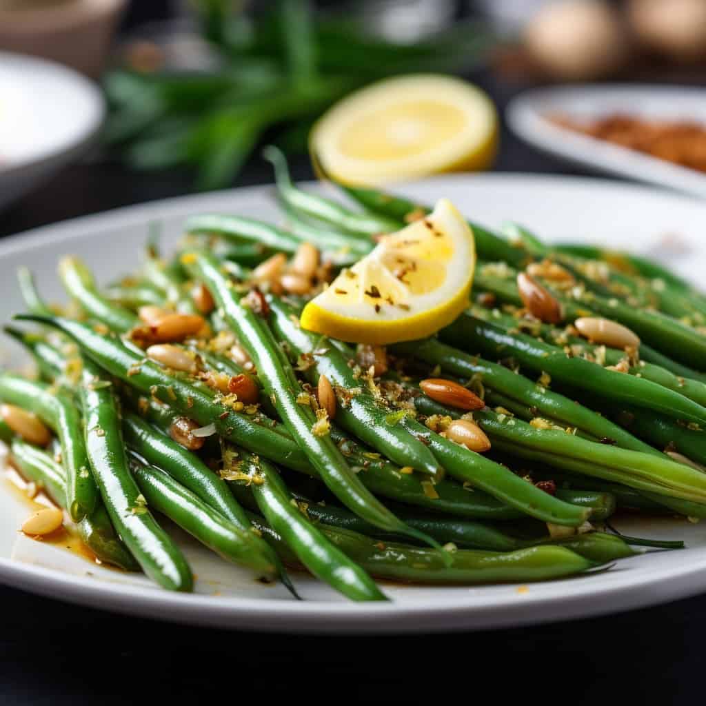 Close-up of crispy, sautéed green beans with garlic served on a rustic wooden table.