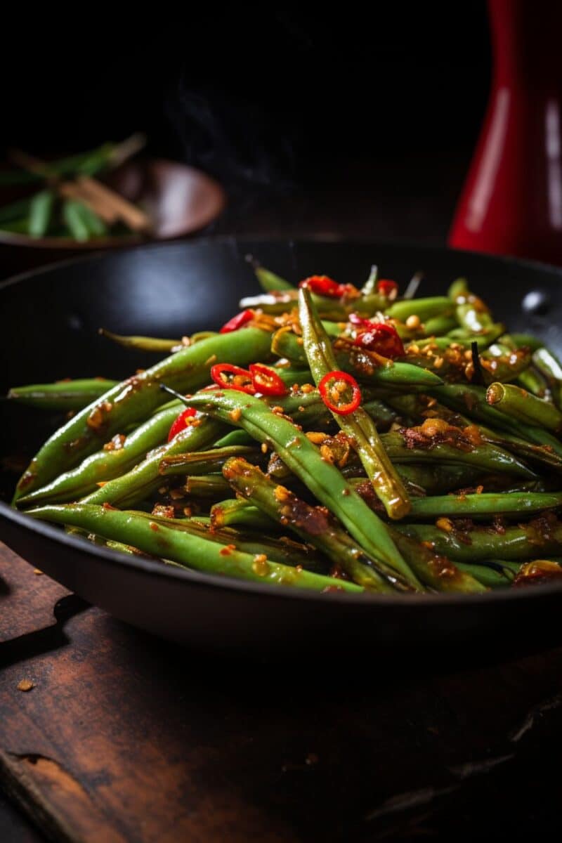 A traditional wok filled with Stir-Fried Green Beans, showcasing their vibrant green hue and glistening with a light soy sauce coating, atop a stove.