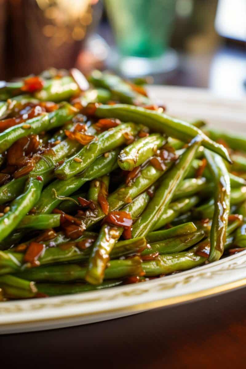 A mouth-watering side dish of Stir-Fried Green Beans, showcasing a perfect blend of crispness and savory flavors, plated elegantly for a hearty meal.