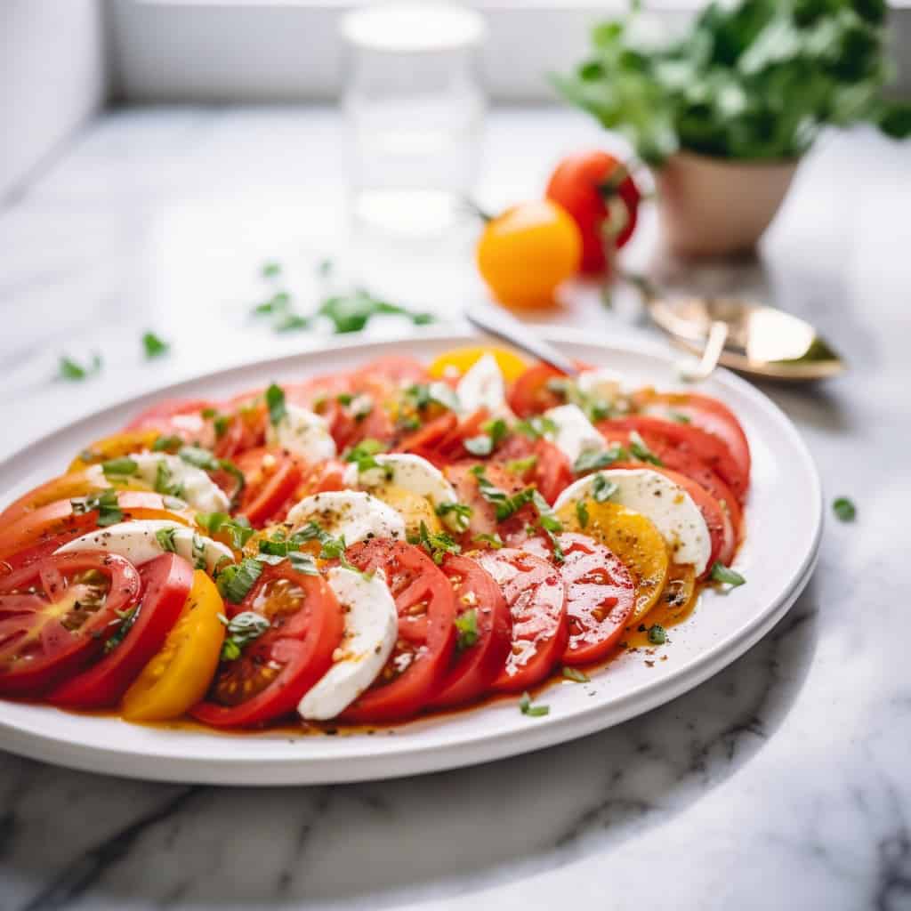 Tomato Salad with Mozzarella featuring ripe red tomatoes and thick slices of fresh mozzarella, garnished with vibrant green basil leaves on a white serving plate.