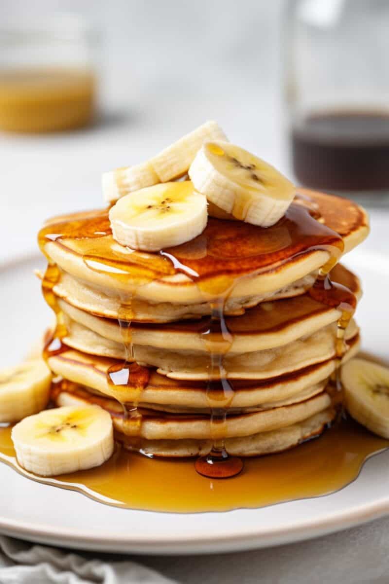 Image of golden-brown banana pancakes stacked high, topped with sliced bananas and a drizzle of maple syrup, served on a white plate.