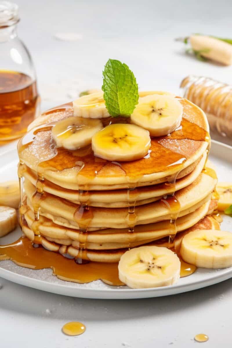 Golden-brown banana pancakes on a plate, showcasing their fluffy texture and served with a side of fresh banana slices, ideal for a simple yet tasty meal.
