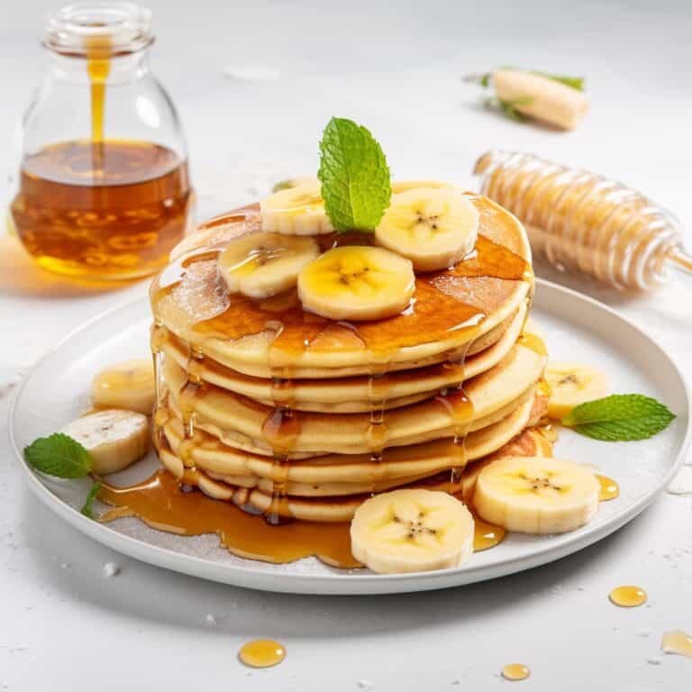 Image showing a stack of homemade banana pancakes, topped with sliced bananas and a drizzle of maple syrup on a plate.