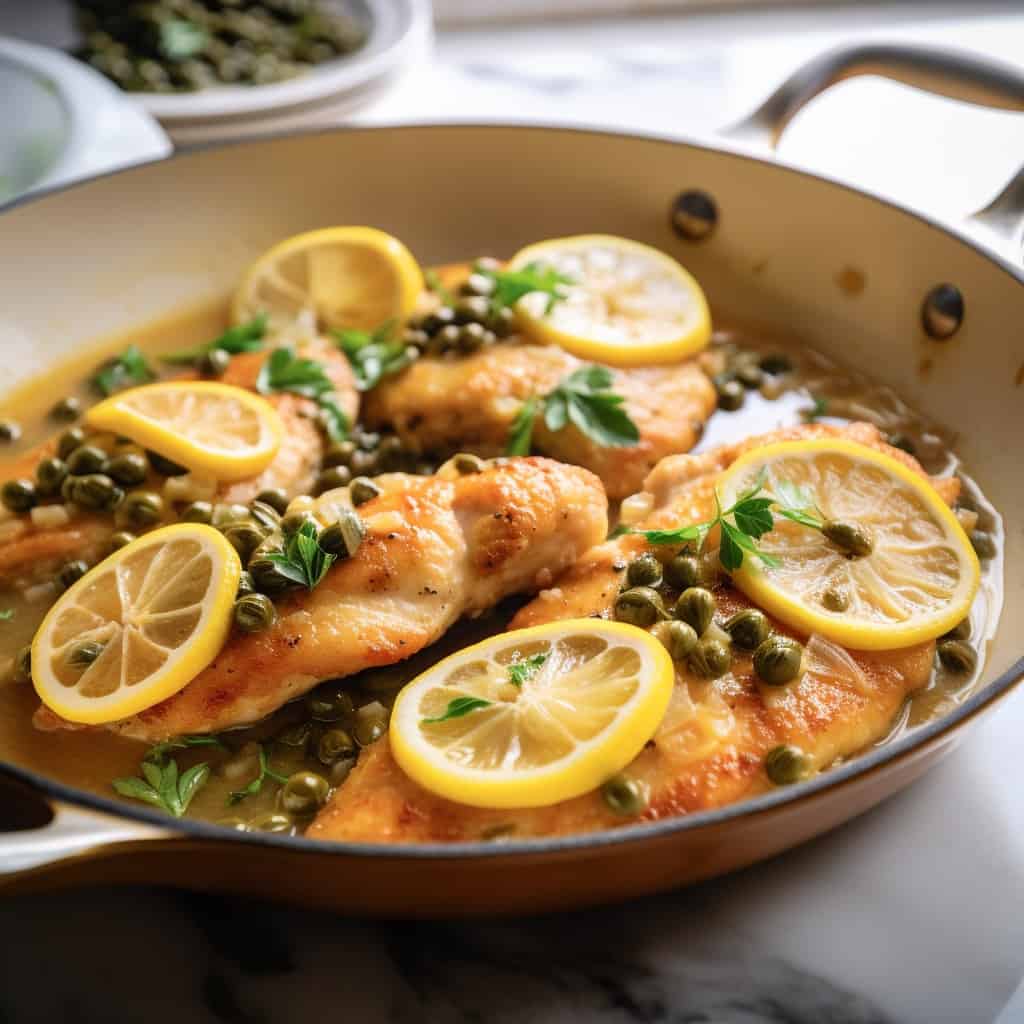 Close-up view of Chicken Piccata with thin chicken slices in a glossy, tangy lemon sauce garnished with capers and fresh green herbs.