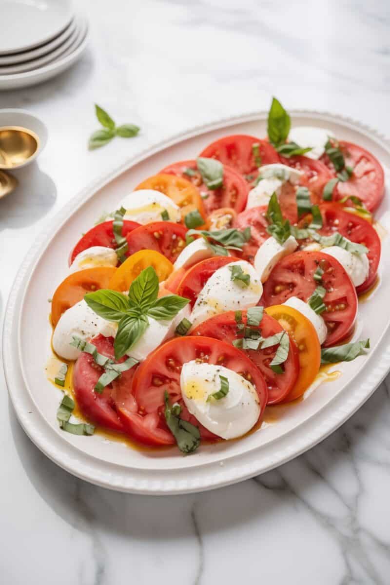 Tomato Salad with Mozzarella from an overhead view, showing a colorful arrangement of sliced tomatoes and mozzarella, interspersed with fresh basil leaves on a oval plate.
