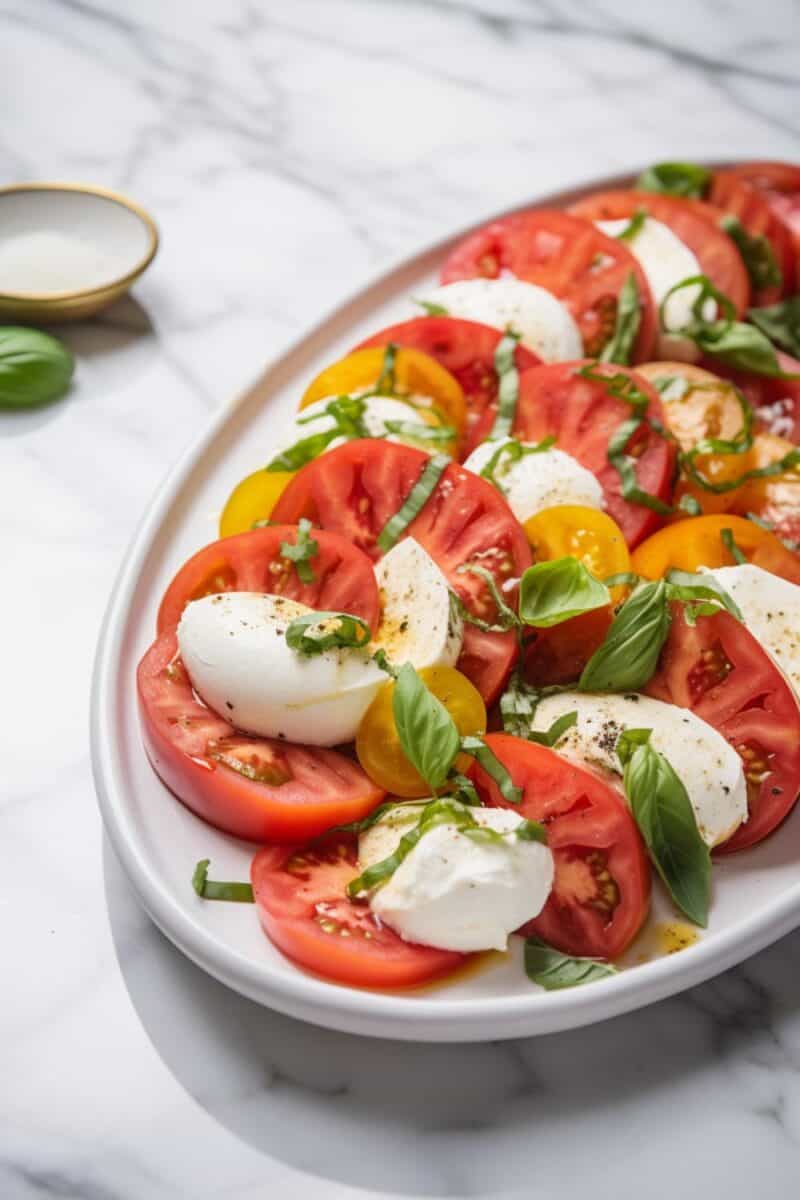 Overhead perspective of Tomato Salad with Mozzarella, highlighting the fresh ingredients and simple elegance of the dish, with a sprinkle of basil over the tomato and cheese arrangement.