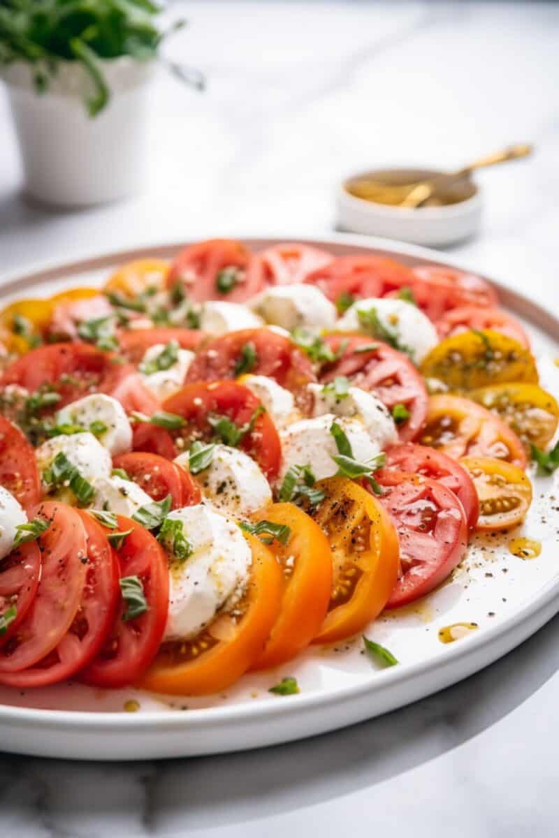 Tomato Salad with Mozzarella in a close-up view, showcasing the juicy texture of the tomatoes and the creamy consistency of the mozzarella, accented with fresh basil.