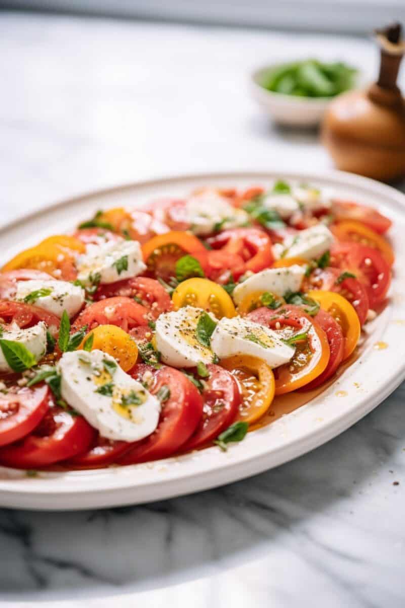 Tomato Salad with Mozzarella captured in natural light, highlighting the bright red of the tomatoes, the smooth white of the mozzarella, and fresh basil leaves scattered on top.