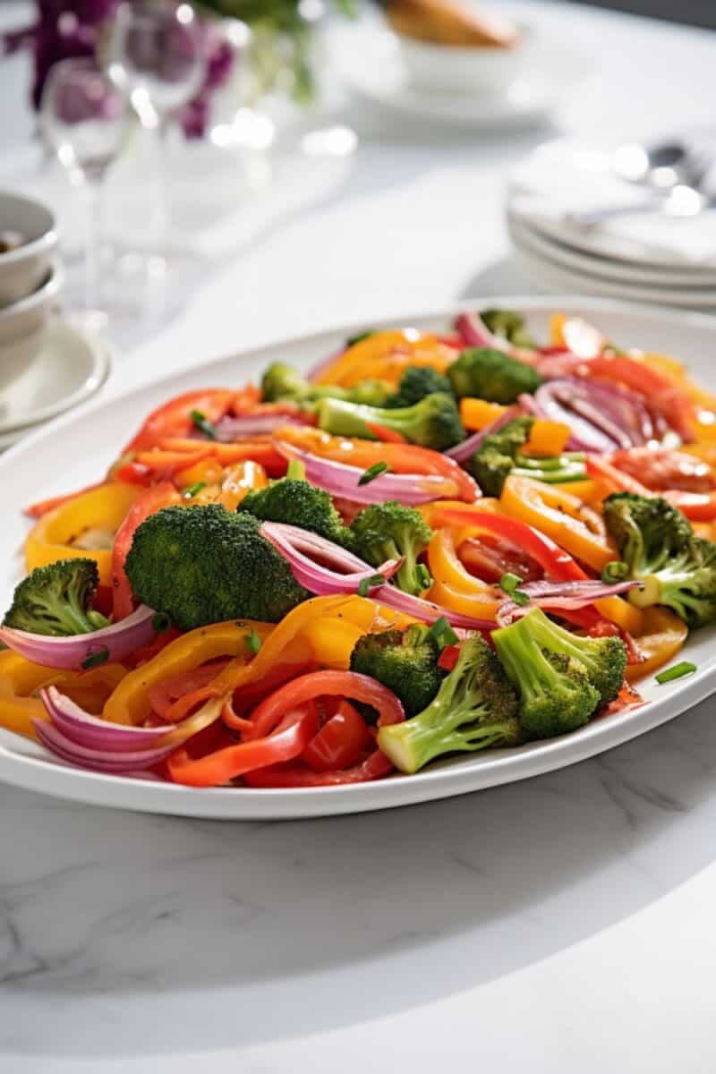 Vegetable stir fry close-up, showcasing vibrant broccoli, red onions, and bell peppers in a glossy homemade sauce.