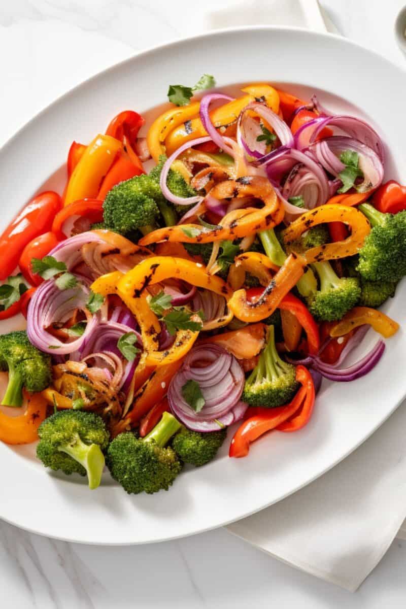 Vegetable stir fry close-up, vibrant broccoli, red and orange bell peppers, and onions sautéed in a glistening stir fry sauce.