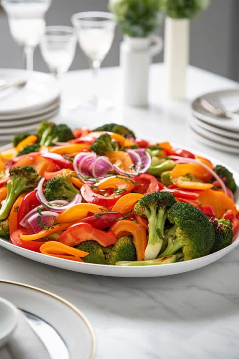 Vegetable stir fry close-up, vibrant broccoli, red and orange bell peppers, and onions sautéed in a glistening stir fry sauce.