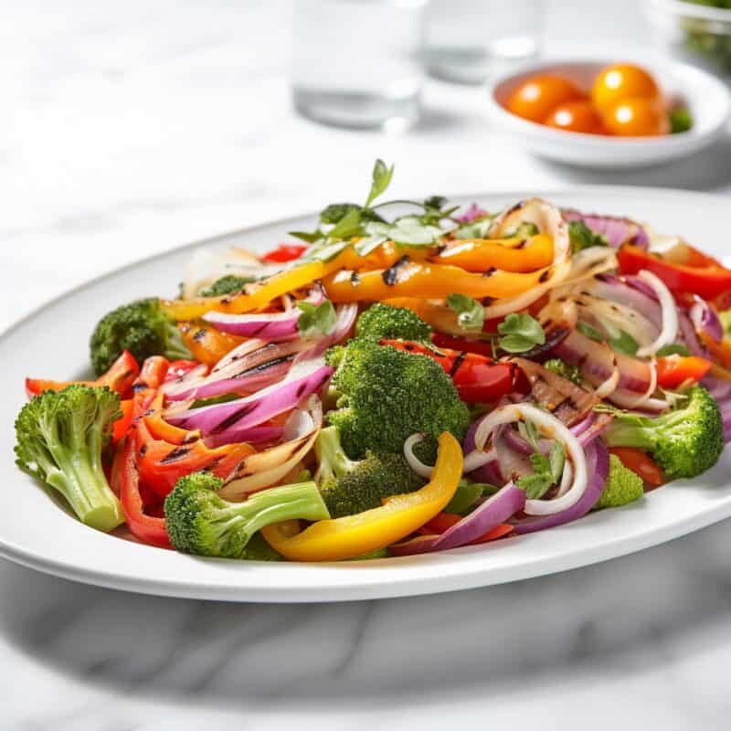 Vegetable stir fry in a wok, showing a colorful mix of broccoli, red onion, orange and red bell peppers, seasoned with a savory sauce.