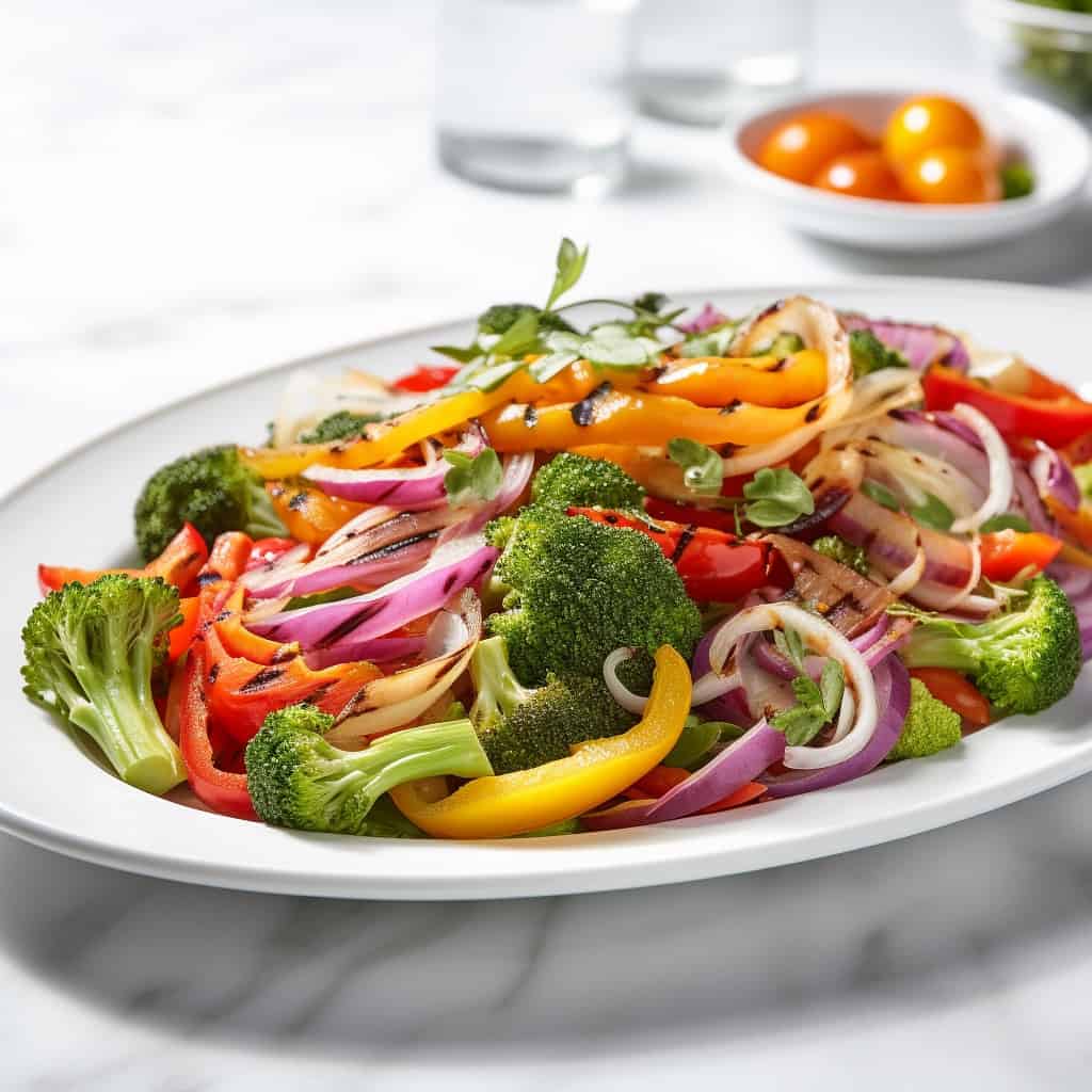 Vegetable stir fry in a wok, showing a colorful mix of broccoli, red onion, orange and red bell peppers, seasoned with a savory sauce.