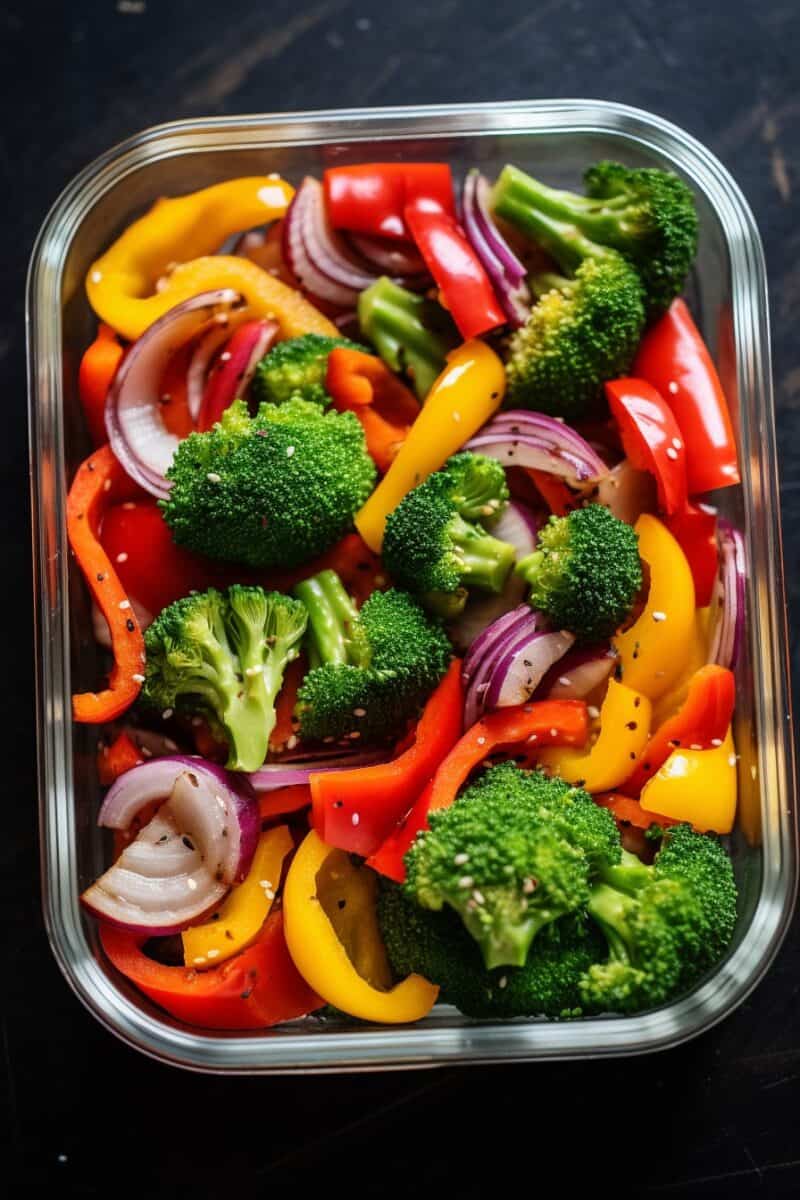 vegetable stir fry in a storage container ready for meal prep.