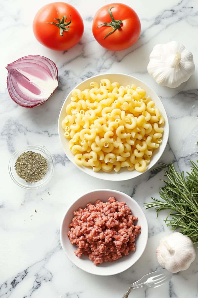 A top view image of a kitchen countertop with all the ingredients for Beefaroni neatly arranged: uncooked macaroni, raw ground beef, fresh onions and garlic, jars of Italian seasoning, garlic powder, salt, black pepper, and a can of tomato sauce. The layout presents a ready-to-cook scenario, emphasizing the simplicity and wholesomeness of the Beefaroni recipe ingredients.