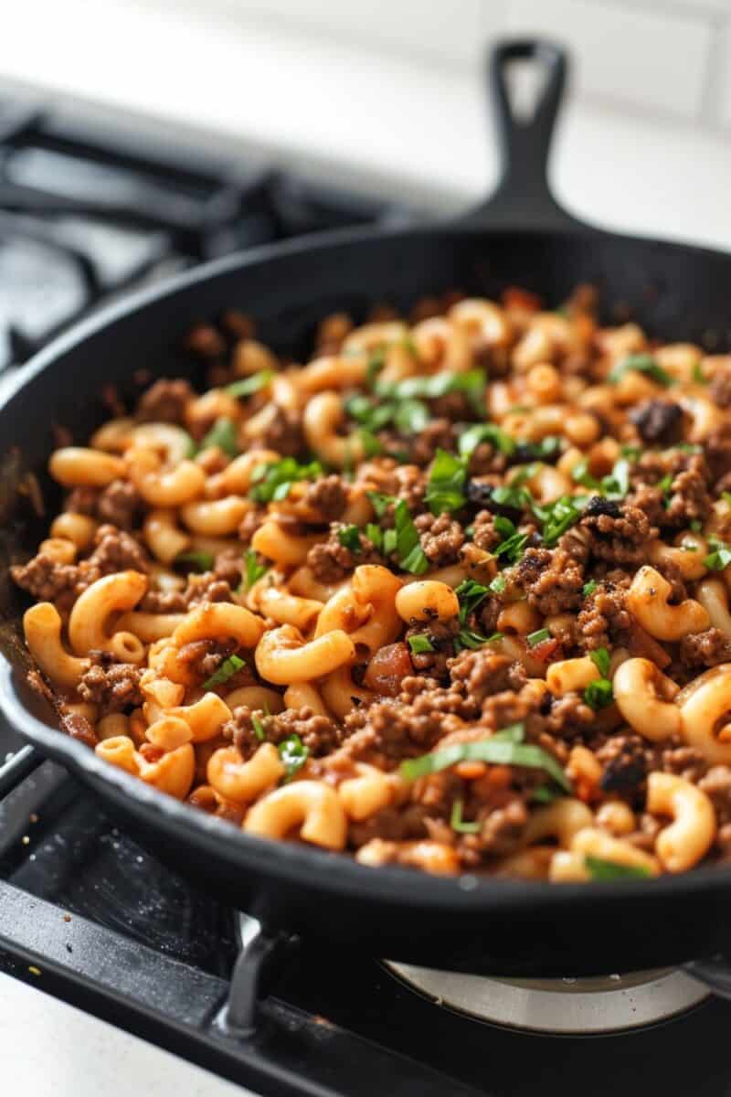 A rustic image showcasing a cast iron skillet filled with freshly cooked Beefaroni. 