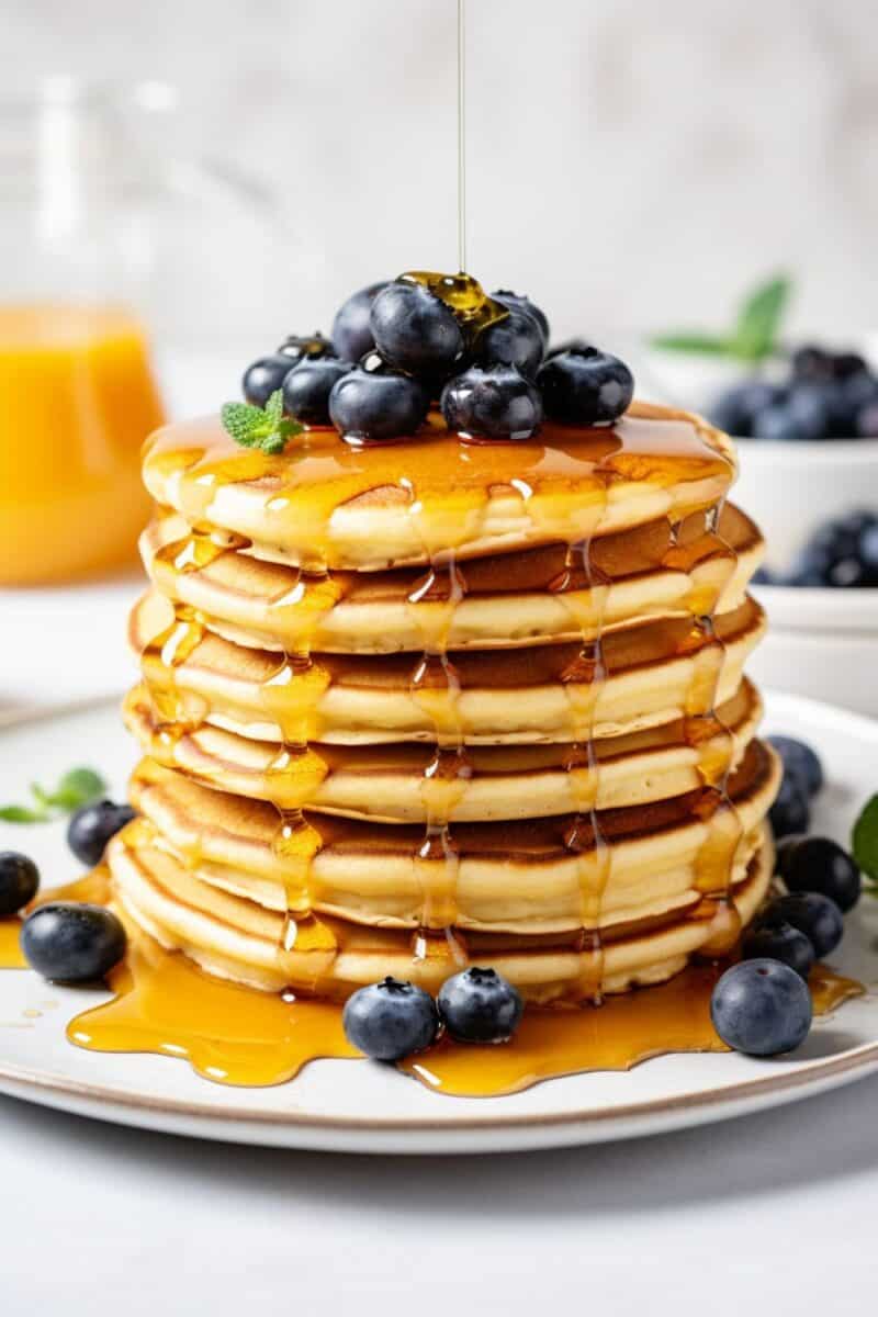 Side view of A stack of fluffy homemade pancakes topped with fresh blueberries and a drizzle of maple syrup on a white plate.