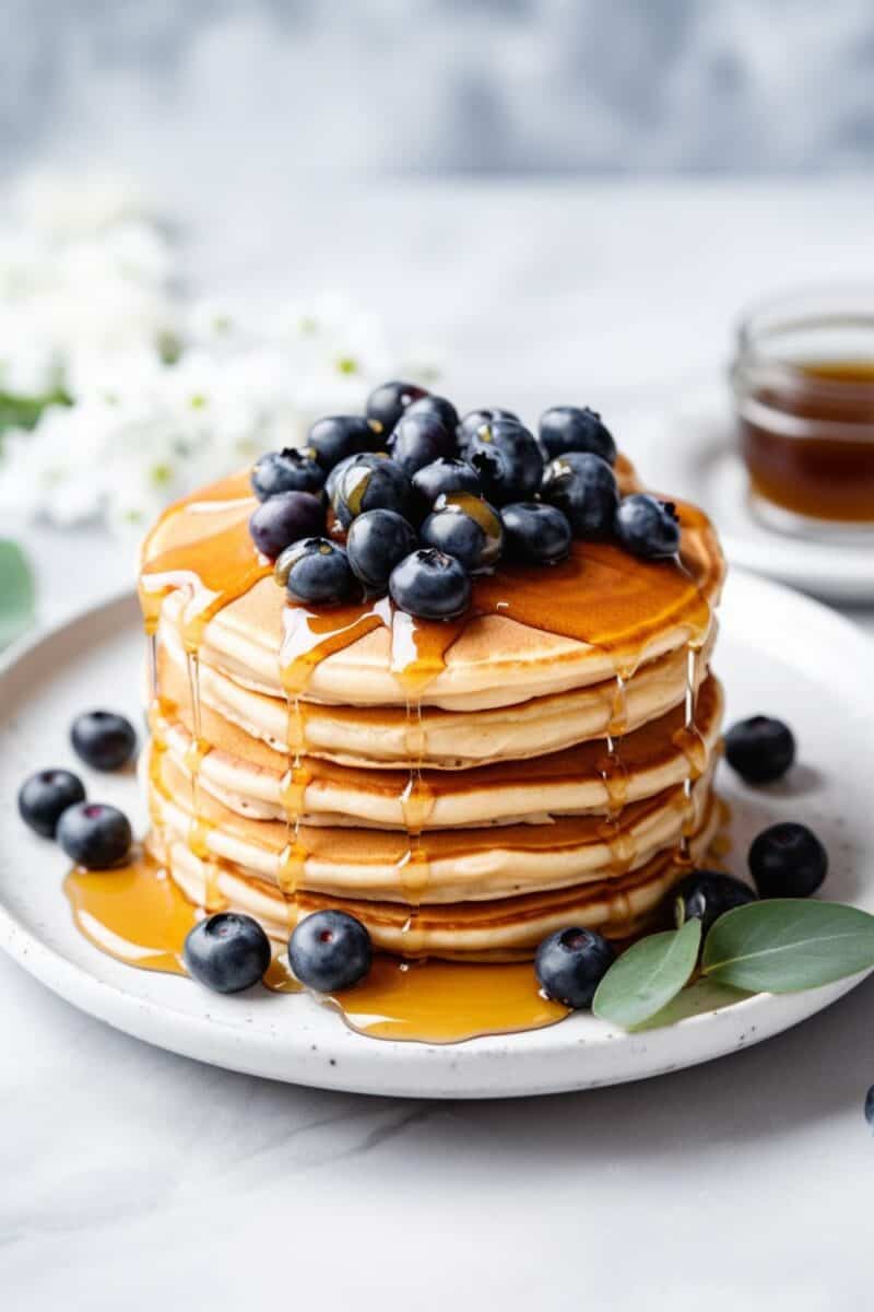 A stack of fluffy blueberry pancakes topped with fresh blueberries and a drizzle of maple syrup on a white plate.