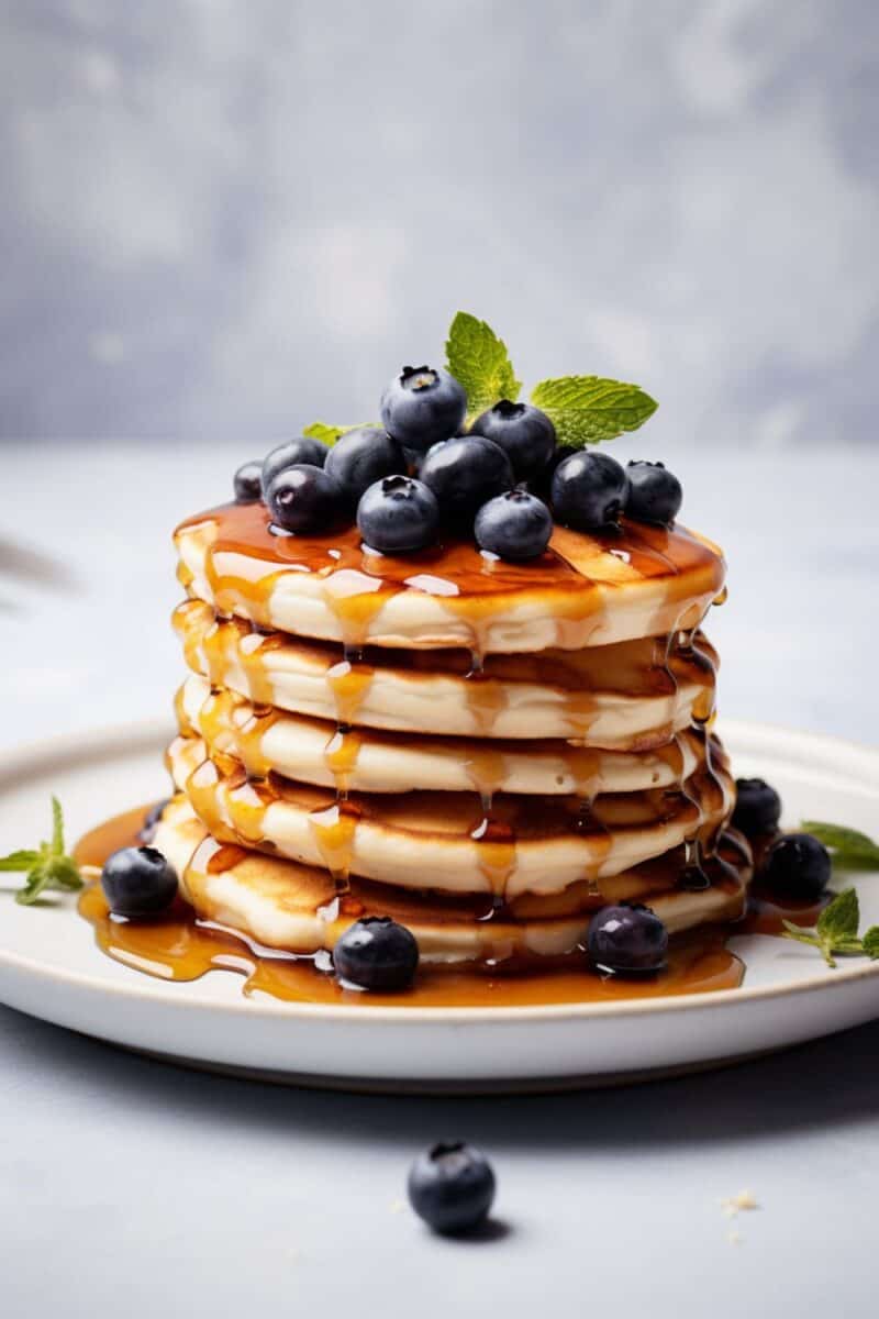 Freshly cooked pancakes on a ceramic plate, topped with a generous helping of blueberries.