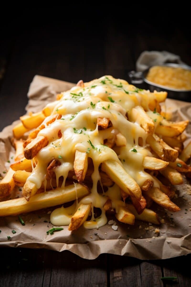 golden cheese fries generously topped with melted cheddar and mozzarella, garnished with fresh chives.