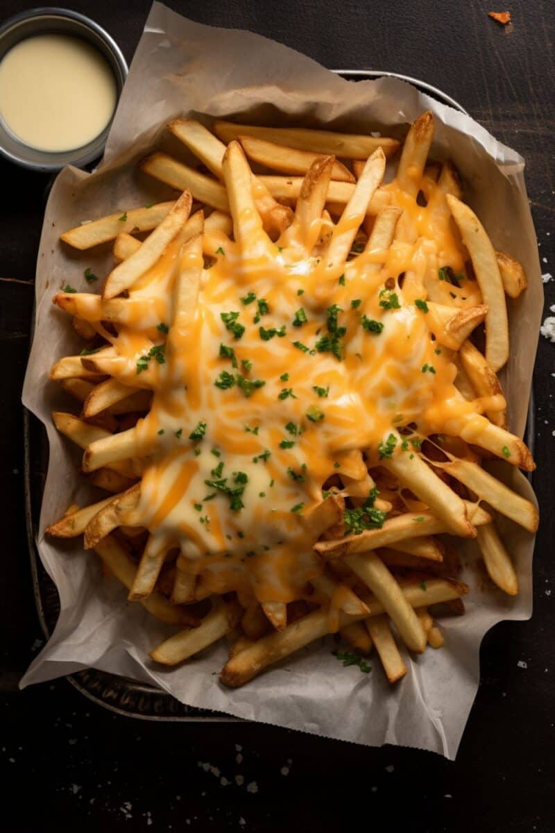  Top view of an appetizing serving of cheese fries, featuring perfectly baked fries covered in a rich, melted cheese mix and chopped chives.