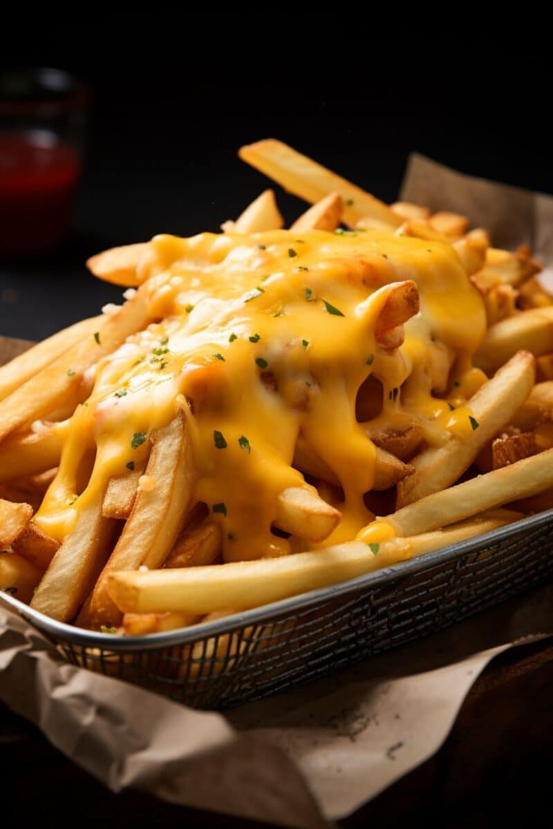 Side view of a plate of cheesy fries, with golden fries generously topped with melted cheddar and mozzarella cheese, garnished with chives.