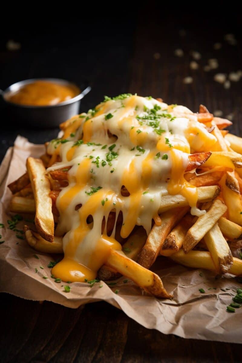 A scrumptious serving of cheese fries generously topped with melted cheddar and mozzarella, presented on baking parchment paper.