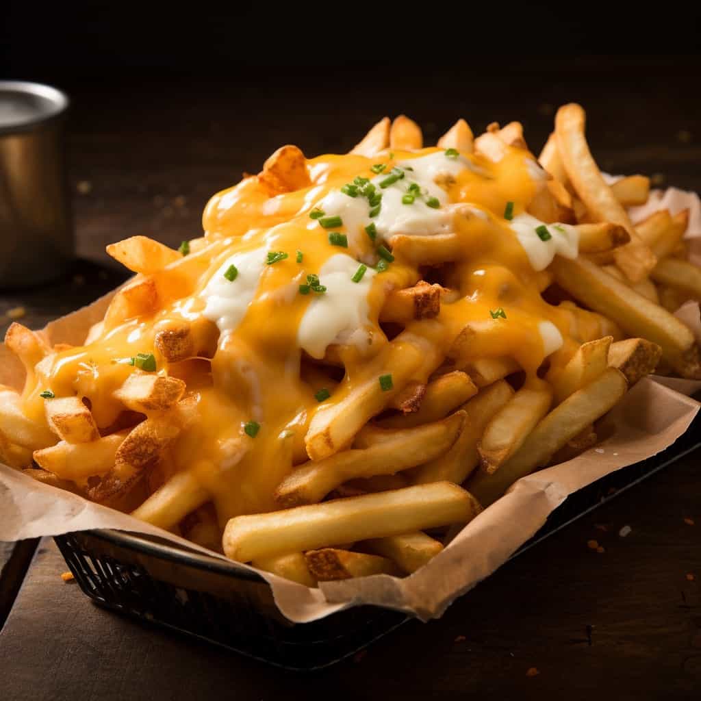 Close-up of crispy cheese fries with a gooey blend of melted cheeses, perfect for a savory snack.