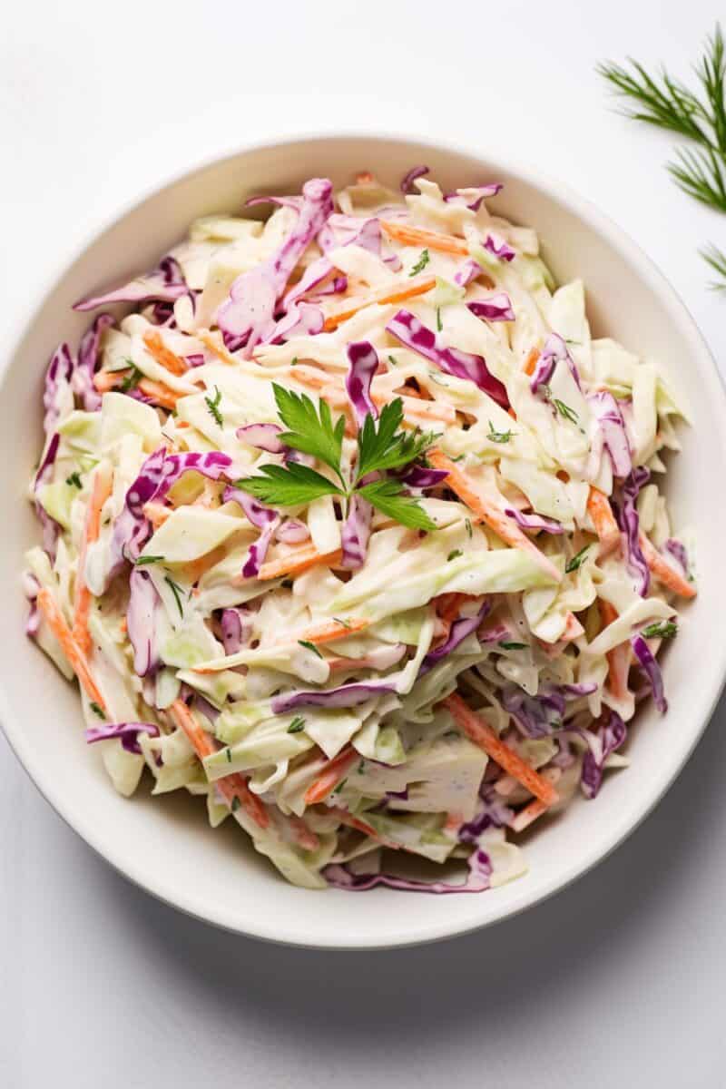 Side view of a bowl filled with Classic Coleslaw, showcasing layers of red and green cabbage, carrots, and rich, creamy dressing.
