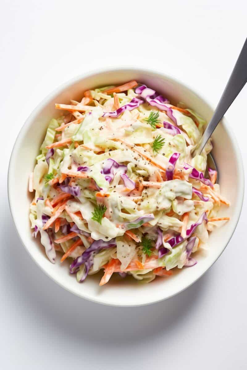 Top view of Classic Coleslaw in a serving bowl: A colorful and appetizing display of the finished dish, ready to be served at a gathering.