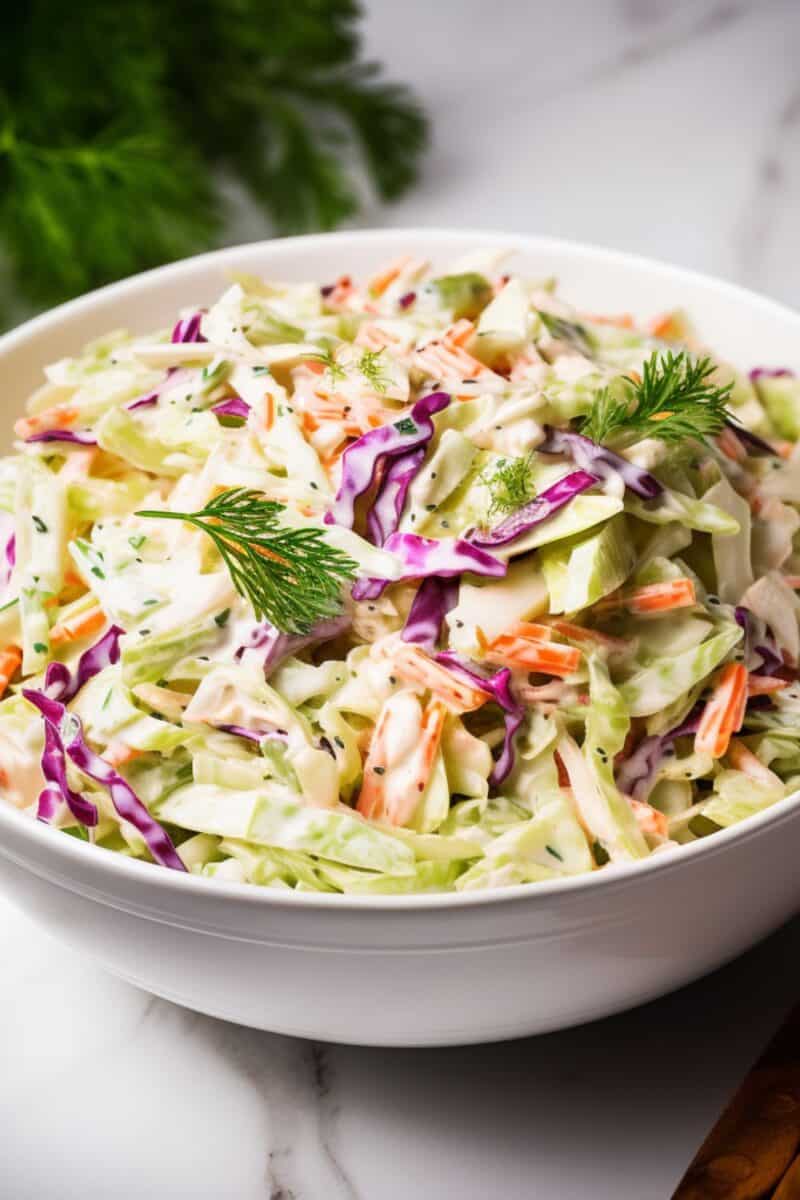 Close-up of creamy coleslaw texture: Highlighting the fresh, crisp vegetables coated in dressing.