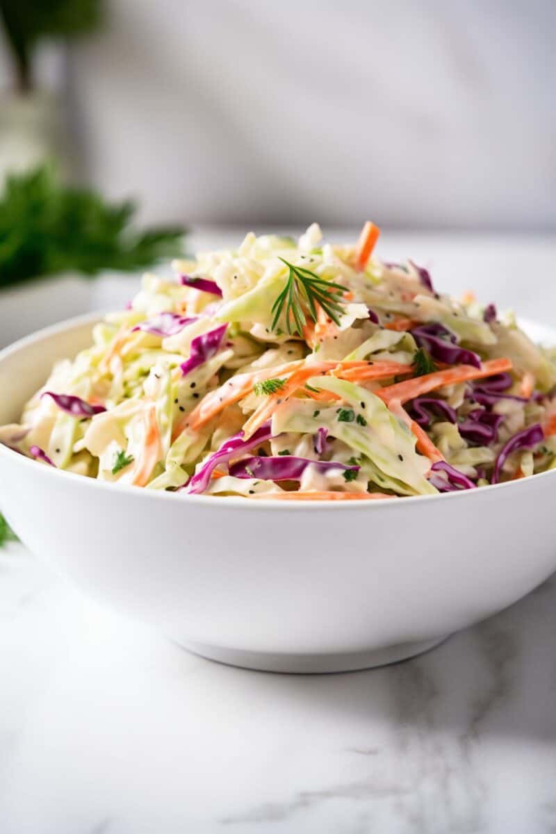 Side view of a bowl filled with Classic Coleslaw, showcasing layers of red and green cabbage, carrots, and rich, creamy dressing.