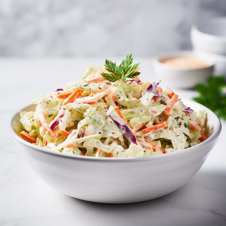 Bowl of fresh Classic Coleslaw with red and green cabbage, shredded carrots, and creamy dressing on white background, perfect for summer BBQs and picnics.