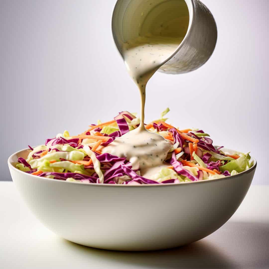 Pouring creamy homemade dressing over fresh cabbage and carrots for Classic Coleslaw, highlighting the final touch in the recipe preparation.