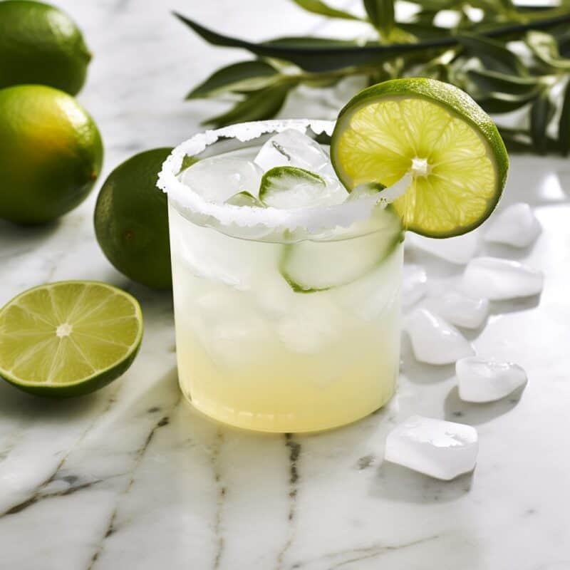 A glass of Classic Margarita on the rocks, rimmed with salt and garnished with a lime wedge, showcasing its vibrant, citrusy appearance.