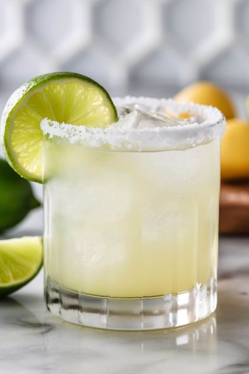 Focused side angle of a refreshing Classic Margarita on the rocks, showing detailed textures of the salt rim and lime slice in a transparent glass.