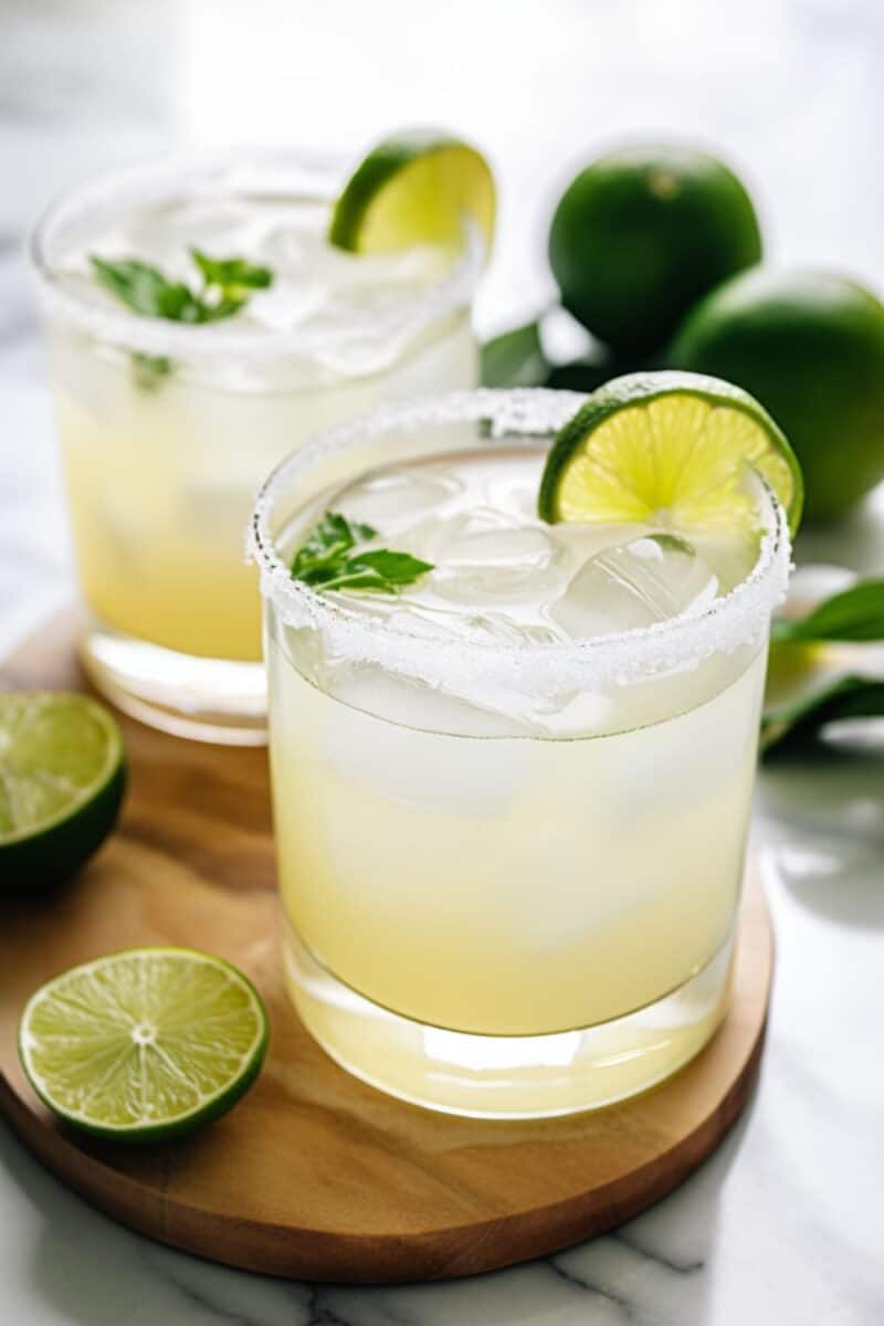 A classic margarita on the rocks in a salt-rimmed glass garnished with a lime wedge.