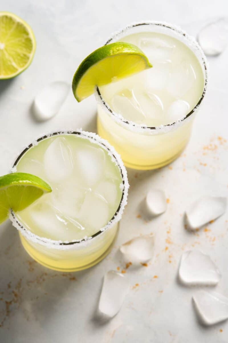 Overhead shot showing two refreshing Classic Margaritas on the rocks in glasses with salted rims and lime slices, arranged neatly on a table.