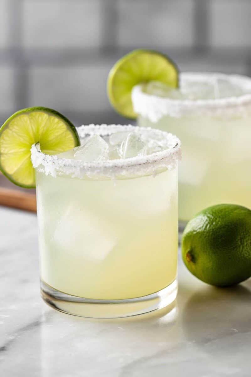 Close-up of a frosty frozen Classic Margarita in a chilled glass, garnished with lime, highlighting the refreshing texture and color.