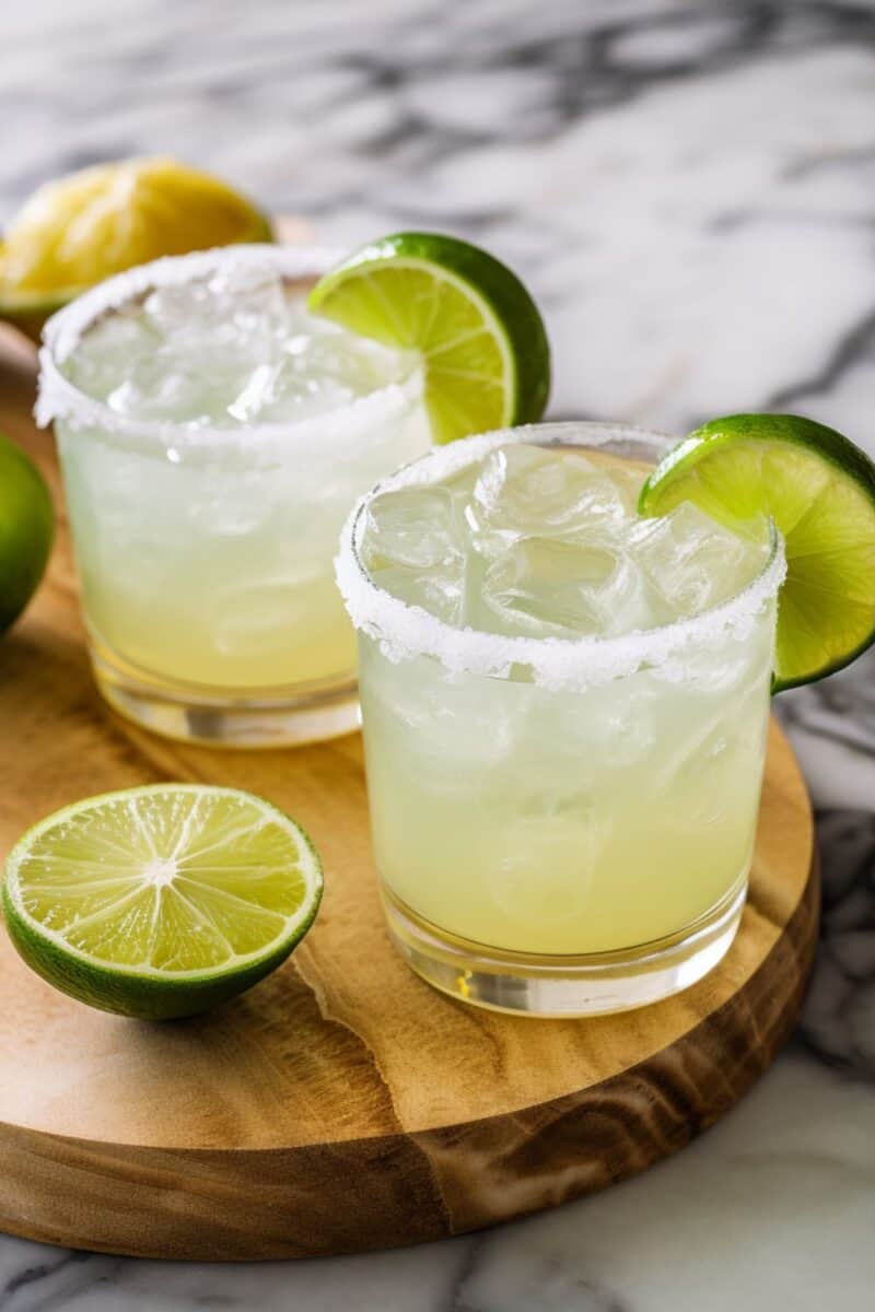 Two Classic Margaritas on the rocks, garnished with lime wedges and salt-rimmed glasses, served on a rustic wooden tray.
