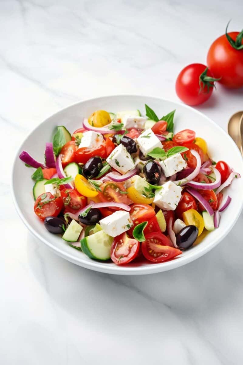 A hearty serving of Greek Salad on a white plate, highlighting the contrast of the red tomatoes and green cucumbers, dotted with purple onion slices and black olives, topped with a generous amount of crumbled feta and a drizzle of Greek dressing.