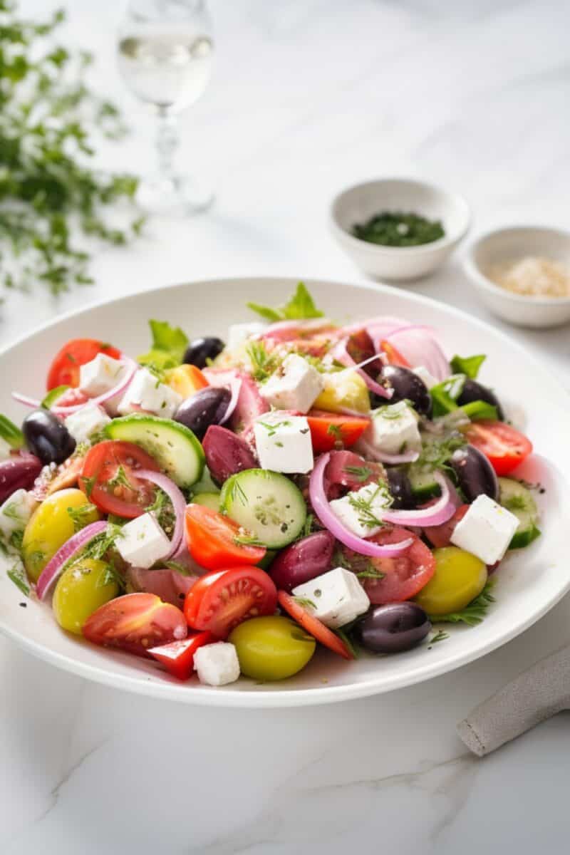 A single serving of mediterranean Greek Salad on a white plate, neatly arranged with a focus on the variety of textures and colors, from the juicy tomatoes to the creamy feta.