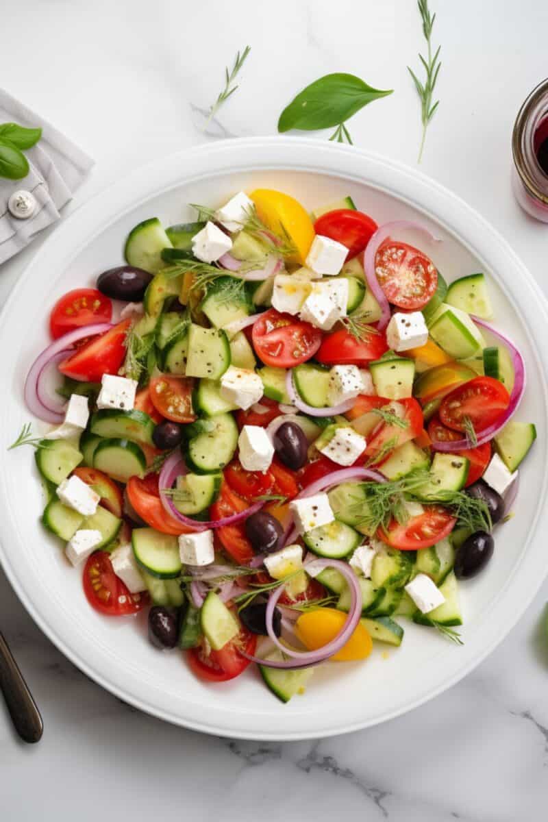 An overhead shot of a Greek Salad in a bowl, displaying a colorful array of diced cucumbers, ripe grape tomatoes, slivers of red onion, scattered Kalamata olives, and a generous topping of feta cheese, all beautifully arranged and ready to be served.