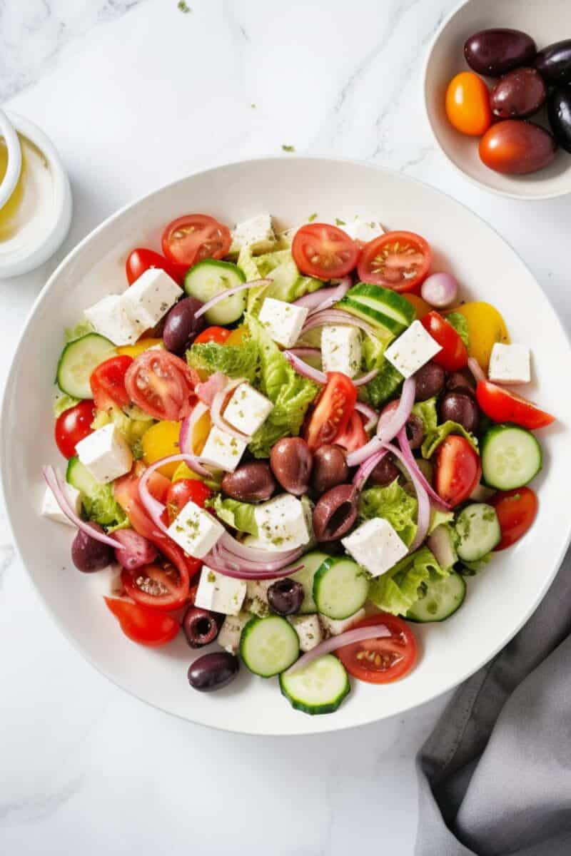 A close-up of a Greek Salad in a glass bowl, highlighting the rich colors and textures of sliced cucumbers, juicy red tomatoes, thinly sliced red onions, shiny Kalamata olives, and white feta cheese, all tossed together and seasoned with herbs.