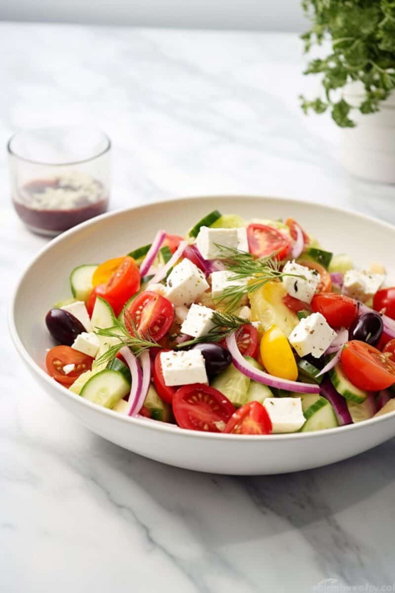 A vibrant and fresh Greek Salad served on a white plate, showcasing layers of chopped cucumbers, cherry tomatoes, red onions, black Kalamata olives, and sprinkled with generous chunks of feta cheese.