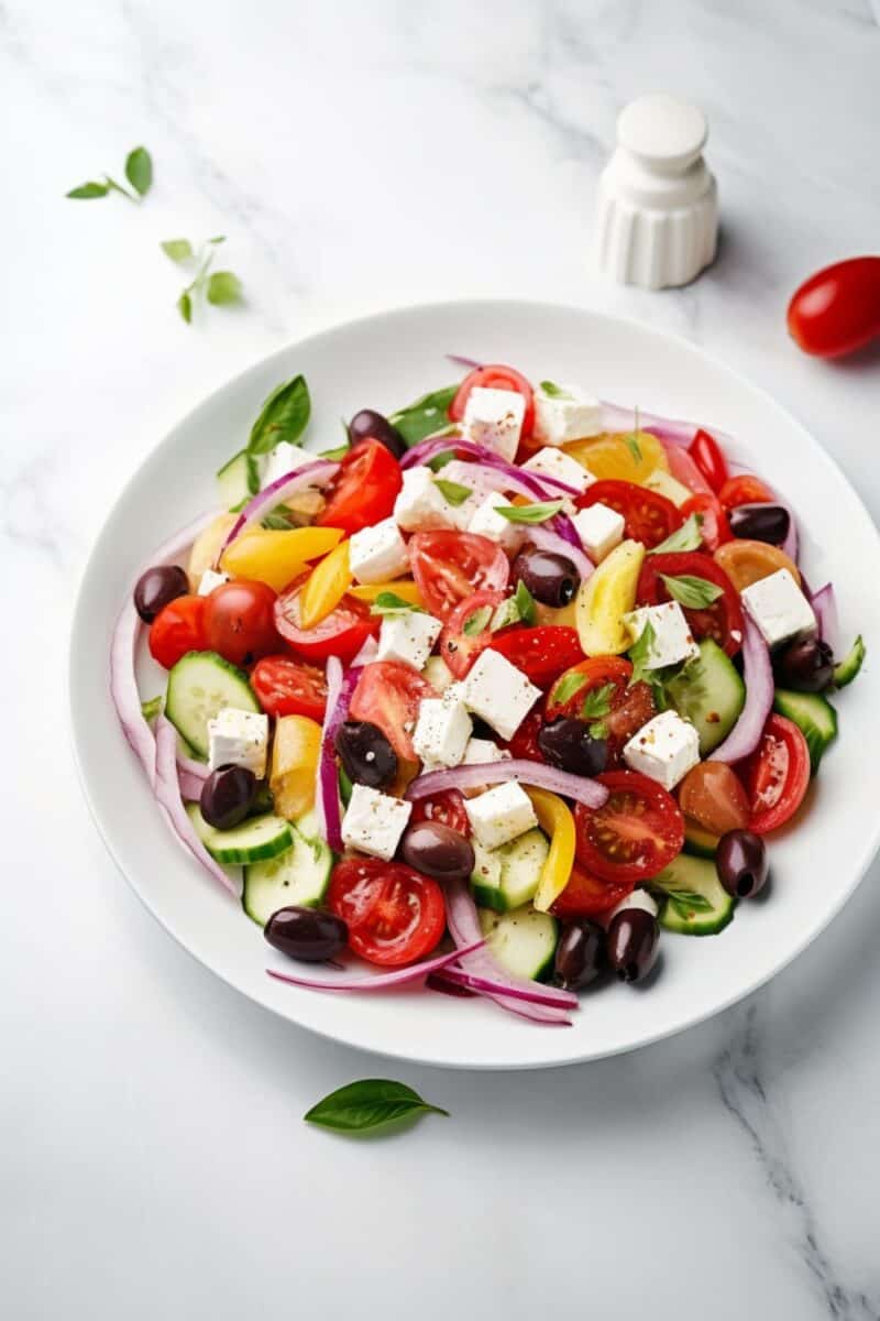 An overhead shot of a Greek Salad in a round bowl, displaying an array of colorful ingredients: bright red tomatoes, green cucumbers, dark Kalamata olives, and white feta cheese, neatly arranged and ready to be enjoyed, with a small bowl of dressing on the side.