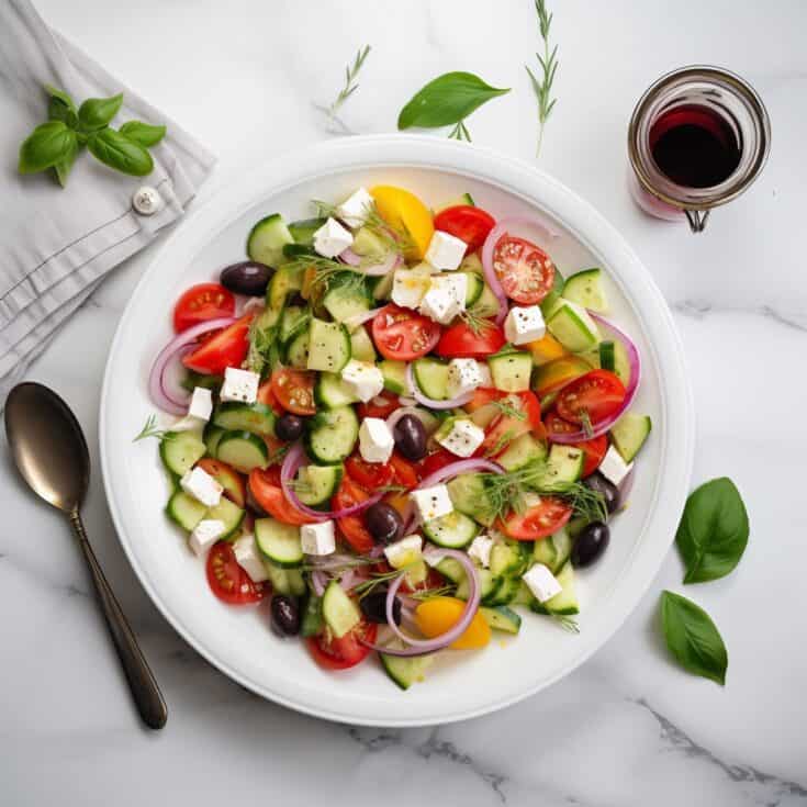 A colorful Greek Salad displayed in a bowl, featuring diced cucumbers, halved grape tomatoes, sliced red onions, Kalamata olives, and crumbled feta cheese, garnished with fresh herbs and drizzled with olive oil dressing.